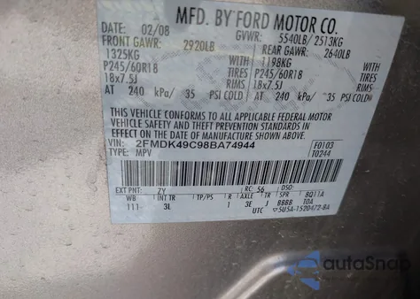 2008 Ford Edge Limited z USA, uszkodzony, nr VIN 2FMDK49C98BA74944